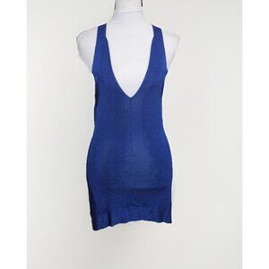 7 For All Mankind Mini Dress Knit Viscose Low V-Neck Racerback XS Blue Bodycon